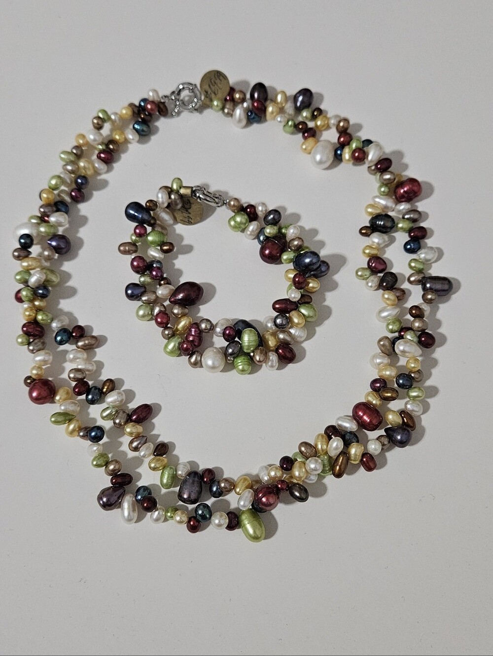 Beautiful Multicolor Freshwater Pearl Two Strand Cluster Necklace & Bracelet Set